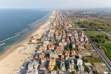Oblique view of Beach landscape along the at the Mediterranean sea in Rimini in Emilia-Romagna, Italy