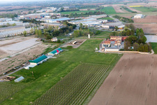 Aerial view of Runway with tarmac terrain of airfield Pista Aerei Leggeri in Codroipo in Friuli-Venezia Giulia, Italy