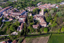 Aerial photograpy of Church building of the cathedral of Abbazia di Santa Maria in Silvis in Sesto Al Reghena in Friuli-Venezia Giulia, Italy