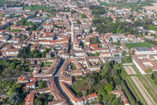 Aerial view of Town View of the streets and houses of the residential areas in San Vito al Tagliamento in Friuli-Venezia Giulia, Italy