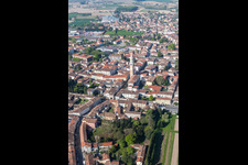 Aerial view of Church building of the cathedral of Duomo di San Vito Al Tagliamento in San Vito al Tagliamento in Friuli-Venezia Giulia, Italy