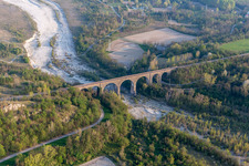 Viaduct of the railway bridge structure to route the railway tracks ver the tagliamento in Cavasso Nuovo in Friuli-Venezia Giulia, Italy from above