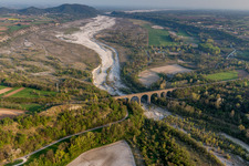 Viaduct of the railway bridge structure to route the railway tracks ver the tagliamento in Cavasso Nuovo in Friuli-Venezia Giulia, Italy out of the air