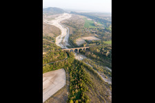 Viaduct of the railway bridge structure to route the railway tracks ver the tagliamento in Cavasso Nuovo in Friuli-Venezia Giulia, Italy seen from above