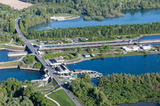 Oblique view of Rhine Lock Iffezheim in Roppenheim in the state Bas-Rhin, France