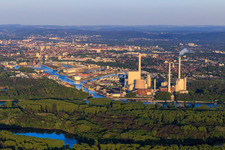 Karlsruhe Rhine ports across the Rhine with EnBW Energie Baden-Württemberg AG, Rhine port steam power plant Karlsruhe in the evening from the west in the district Daxlanden in Karlsruhe in the state Baden-Wuerttemberg, Germany