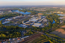 Aerial view of Overview of Industriepark Wörth GmbH with Mercedes-Benz Trucks in Wörth am Rhein in the state Rhineland-Palatinate, Germany