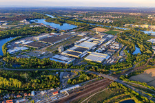 Aerial photograpy of Overview of Industriepark Wörth GmbH with Mercedes-Benz Trucks in Wörth am Rhein in the state Rhineland-Palatinate, Germany