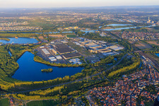 Oblique view of Overview of Industriepark Wörth GmbH with Mercedes-Benz Trucks in Wörth am Rhein in the state Rhineland-Palatinate, Germany