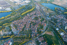 Aerial view of Town View of the streets and houses of the residential areas between state highway and Daimler factory in Woerth am Rhein in the state Rhineland-Palatinate, Germany