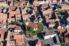 Aerial view of Church building in the village of in Uhrwiller in Grand Est, France