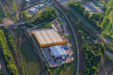 Aerial view of Emons Spedition GmbH & Co. KG and dm Lager in Wolfartsweierer Straße in the district Oststadt in Karlsruhe in the state Baden-Wuerttemberg, Germany