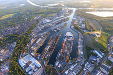 Aerial view of Karlsruhe Rhine ports from the east in the district Mühlburg in Karlsruhe in the state Baden-Wuerttemberg, Germany