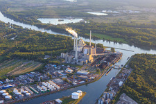 Aerial view of Karlsruhe Rhine ports with EnBW Energie Baden-Württemberg AG, Rhine port steam power plant Karlsruhe from the east in the district Daxlanden in Karlsruhe in the state Baden-Wuerttemberg, Germany