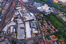 Aerial view of Industrial area Ernst-Sachs-Straße south of the railway with ZF Race Engineering GmbH, ZF Friedrichshafen AG, Plant North and Bosch Rexroth AG in the district Oberndorf in Schweinfurt in the state Bavaria, Germany