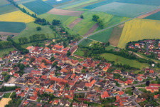 Aerial view of Village center with castle Sulzheim and church from the north in Sulzheim in the state Bavaria, Germany