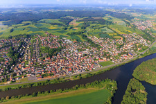 Village view from the north at the mouth of the Regnitz into the Main with Bischberg fishing harbor and sports field of FC Bischberg eV in Bischberg in the state Bavaria, Germany