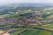 Aerial view of Village on the river bank areas of the Main river in Viereth-Trunstadt in the state Bavaria, Germany