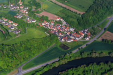 Aerial view of Village view on the banks of the Main from the east in the district Dippach in Eltmann in the state Bavaria, Germany
