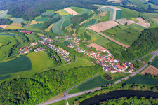 Aerial photograpy of Village view on the banks of the Main from the east in the district Dippach in Eltmann in the state Bavaria, Germany