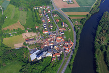 Aerial view of River banks of the Main from the southeast with Eschenbacher Privatbrauerei GmbH Haus Wagner in the district Eschenbach in Eltmann in the state Bavaria, Germany