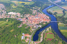Aerial view of Village view on the banks of the Main from the east with Main Bridge for the B26 and Yacht Club Eltmann eV in Eltmann in the state Bavaria, Germany