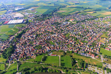 Overview of the town south of the Main from the north with Dreiberg School Knetzgau and AWO Senior Citizens' Center Knetzgau and Church of the Parish Community Knetzgau in Knetzgau in the state Bavaria, Germany