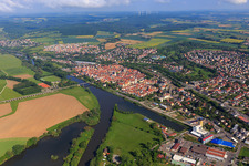 City overview from the southeast with Hafen commercial area in Haßfurt in the state Bavaria, Germany