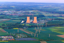 Aerial view of Preussenelektra GmbH — Nuclear power plant Grafenrheinfeld on the Main at sunset in Grafenrheinfeld in the state Bavaria, Germany