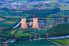 Aerial photograpy of Preussenelektra GmbH — Nuclear power plant Grafenrheinfeld on the Main at sunset in Grafenrheinfeld in the state Bavaria, Germany