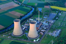 Preussenelektra GmbH — Nuclear power plant Grafenrheinfeld on the Main at sunset in Grafenrheinfeld in the state Bavaria, Germany seen from above