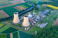 Bird's eye view of Preussenelektra GmbH — Nuclear power plant Grafenrheinfeld on the Main at sunset in Grafenrheinfeld in the state Bavaria, Germany