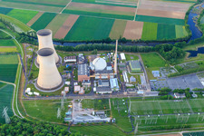 Overview of the nuclear power plant Grafenrheinfeld of Preussenelektra GmbH on the banks of the Main at sunset in Grafenrheinfeld in the state Bavaria, Germany