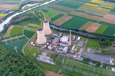 Aerial photograpy of Overview of the nuclear power plant Grafenrheinfeld of Preussenelektra GmbH on the banks of the Main at sunset in Grafenrheinfeld in the state Bavaria, Germany