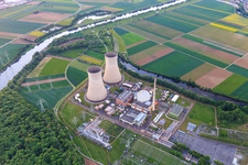 Oblique view of Overview of the nuclear power plant Grafenrheinfeld of Preussenelektra GmbH on the banks of the Main at sunset in Grafenrheinfeld in the state Bavaria, Germany
