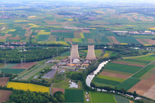 Cooling towers and reactor dome of the nuclear power plant Grafenrheinfeld of Preussenelektra GmbH on the banks of the Main in Grafenrheinfeld in the state Bavaria, Germany
