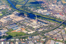 Overview of the Hafen-West industrial area at the Schweinfurt port from the northeast with GKS, ZF Friedrichshafen Plant South, Bosch Rexroth, SKF GmbH Plant 3 and ML Lubrication GmbH in Schweinfurt in the state Bavaria, Germany