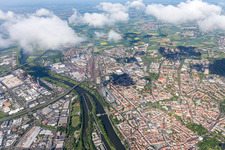 Aerial photograpy of City view on the river bank of the Main river in Schweinfurt in the state Bavaria, Germany