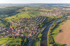 Aerial view of Village on the river bank areas of the Main river in Wuelflingen in the state Bavaria, Germany