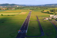 Aerial photograpy of Runway of the commercial airfield Haßfurt-Haßberge GmbH in the district Mariaburghausen in Haßfurt in the state Bavaria, Germany