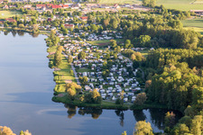 Aerial view of Camping with caravans and tents in Sand am Main in the state Bavaria, Germany