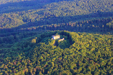 Oblique view of Bramberg Castle Ruins in the district Hohnhausen in Burgpreppach in the state Bavaria, Germany
