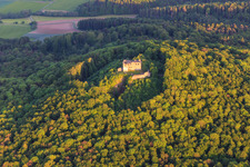 Bramberg Castle Ruins in the district Hohnhausen in Burgpreppach in the state Bavaria, Germany out of the air