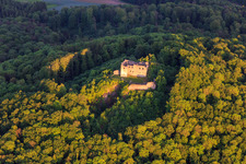 Bramberg Castle Ruins in the district Hohnhausen in Burgpreppach in the state Bavaria, Germany seen from above