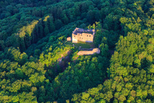 Bramberg Castle Ruins in the district Hohnhausen in Burgpreppach in the state Bavaria, Germany from the plane
