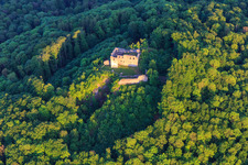 Bird's eye view of Bramberg Castle Ruins in the district Hohnhausen in Burgpreppach in the state Bavaria, Germany