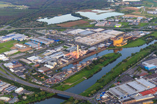 Aerial view of Overview of the Hafen-West industrial area at the Schweinfurt port from the north with GKS, ZF Friedrichshafen Plant South, Bosch Rexroth, SKF GmbH Plant 3 and ML Lubrication GmbH in Schweinfurt in the state Bavaria, Germany