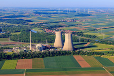 Cooling towers and reactor dome of the nuclear power plant Grafenrheinfeld of Preussenelektra GmbH on the banks of the Main from the north in Grafenrheinfeld in the state Bavaria, Germany