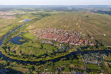 Aerial photograpy of Fields of wine cultivation landscape in Nordheim am Main in the state Bavaria, Germany