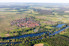 Aerial photograpy of Village on the river bank areas of Main-Aue in Sommerach in the state Bavaria, Germany